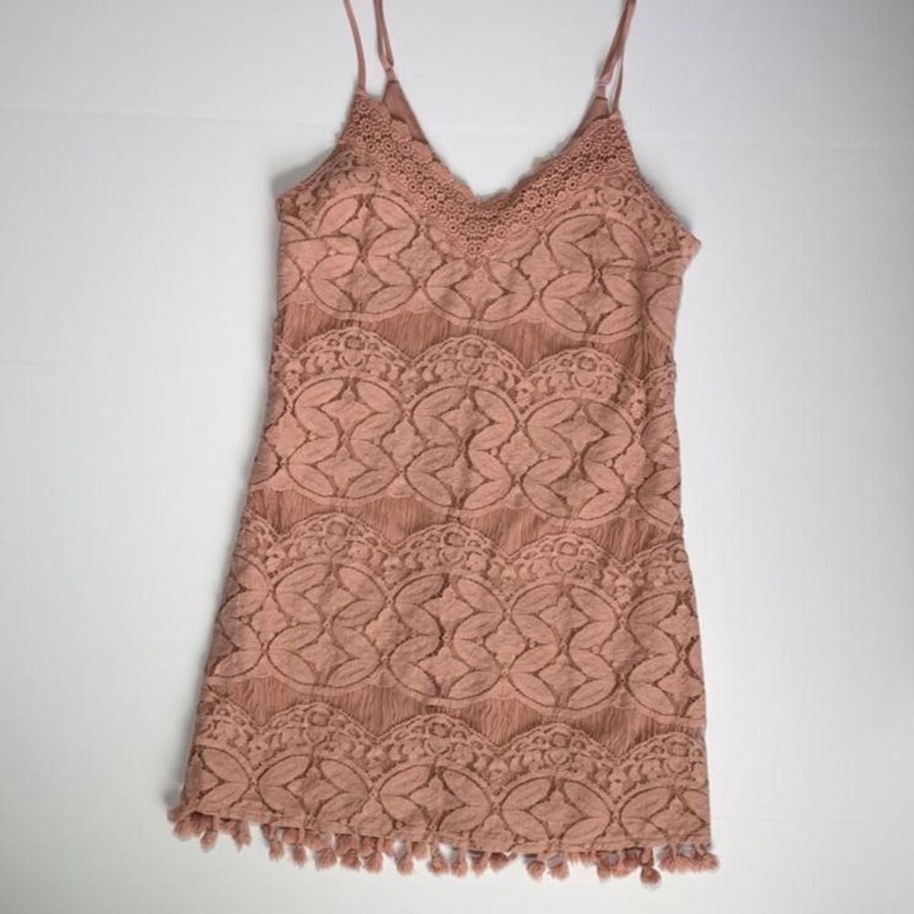 Dusty rose lace mini dress with tassel fringe hem